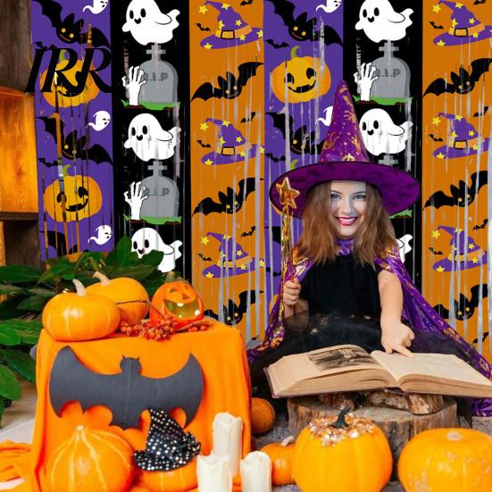 Halloween Event Decoration Foil Fringe Curtain for Halloween, Orange Purple Black Background Holiday Party Backdrop Photo Booth Props, Pumpkin
