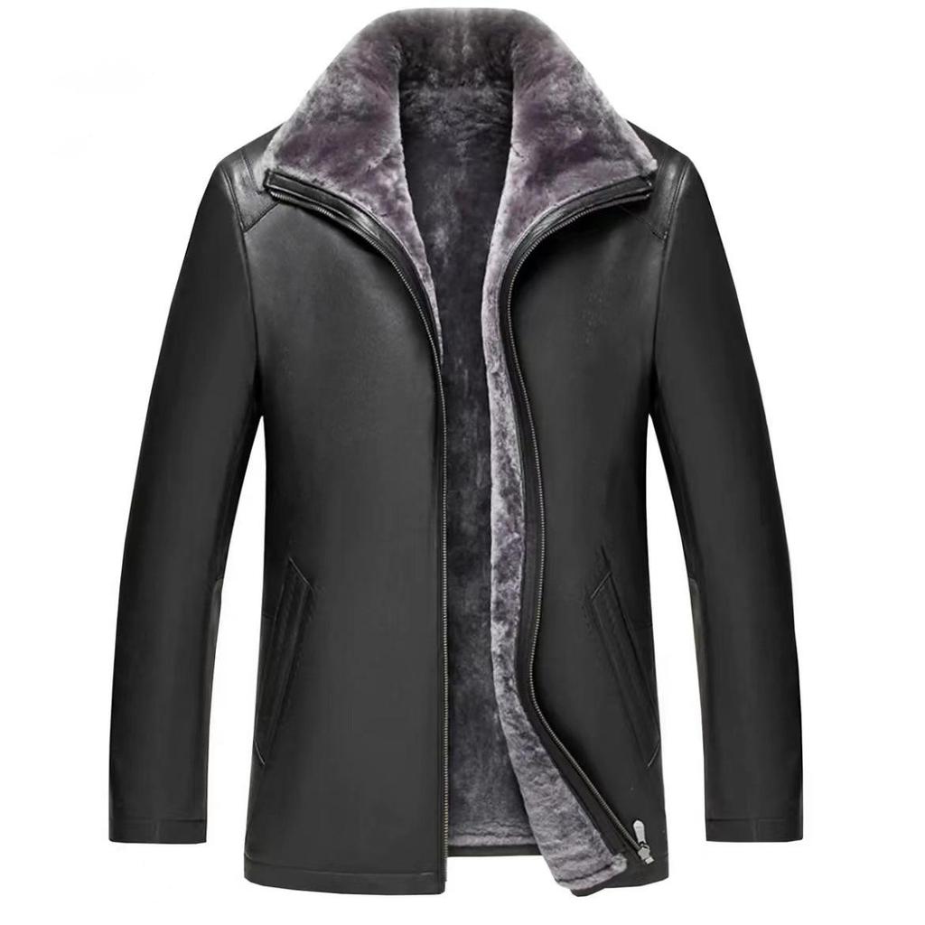 Autumn New Fur One-piece Retro Men's Leather Jacket Leather Jacket Dad Casual Velvet Thickened Jacket Trendy Brand Men