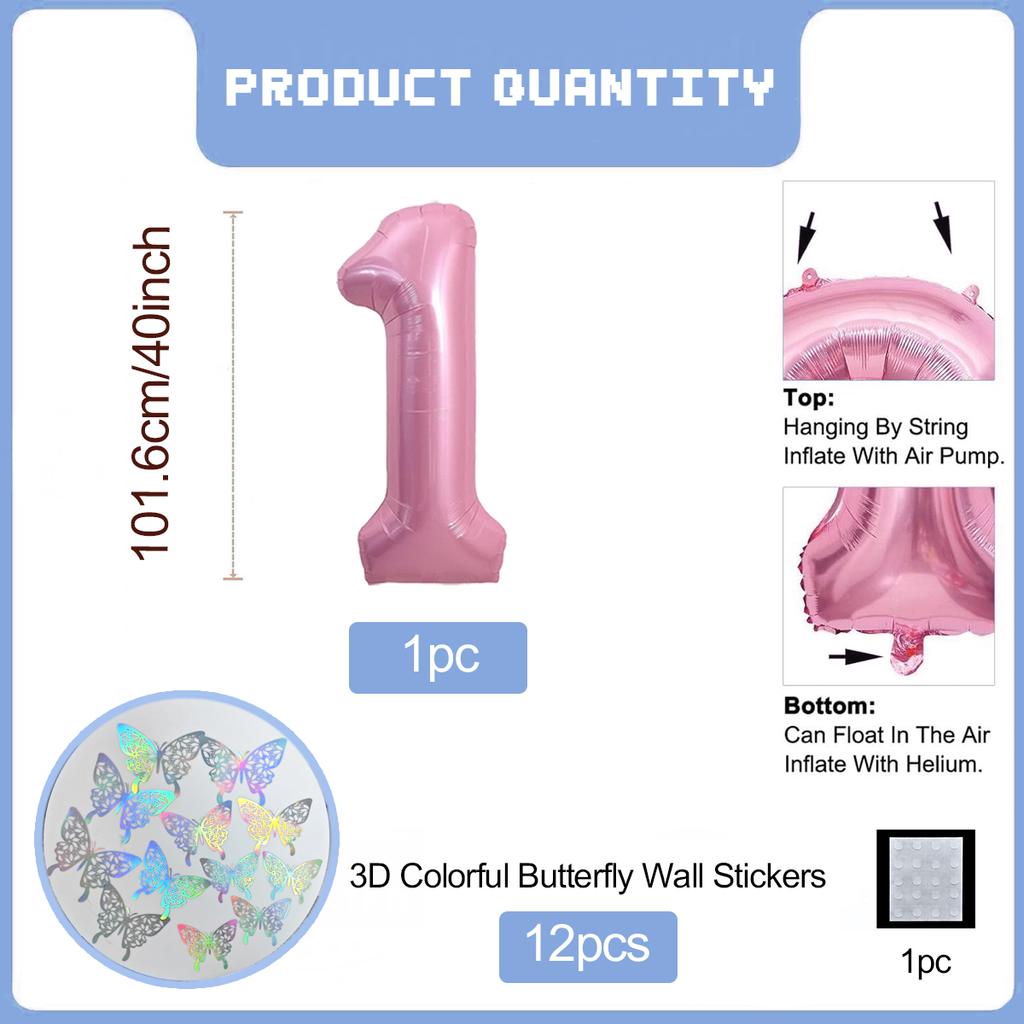 Pink Butterfly Number Balloon, 3D Stereoscopic Butterfly Number 0-9 Used for Anniversary Birthday Party Photography