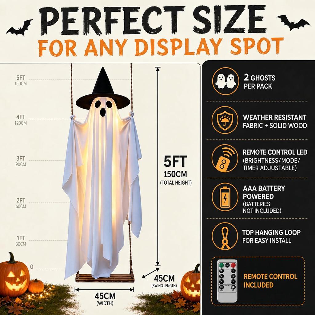 Grand Fantôme Volant Suspendu de 1,5 m Décoration d'Halloween avec Balancement Éclairé Design Flottant pour Porche Avant Jardin Arbre Cour Fêtes Arrière-Cour 1 Paquet
