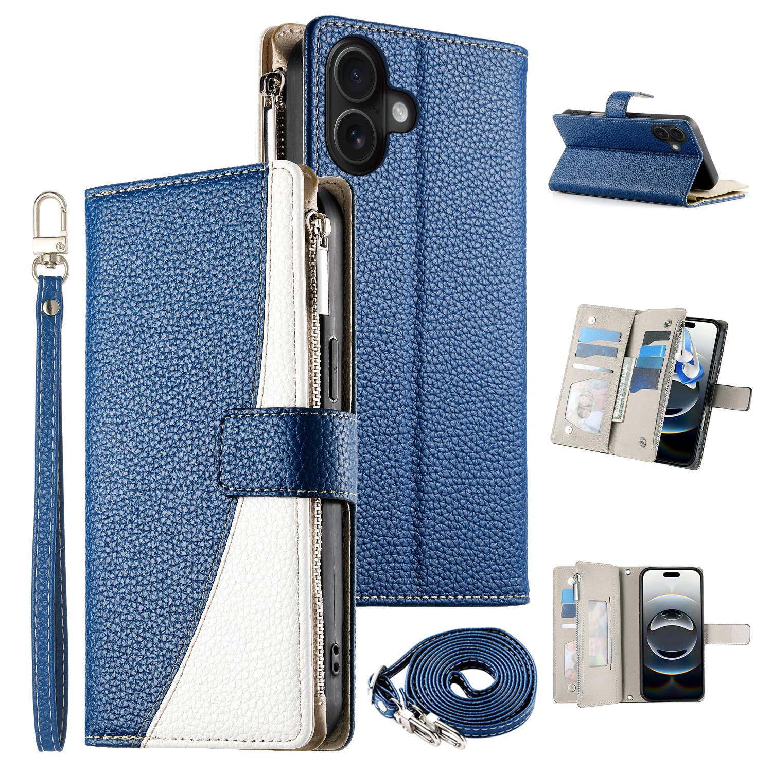 

For iPhone 17 Case Zipper Wallet Color Splicing Leather Flip Phone Cover with Straps Dark Blue