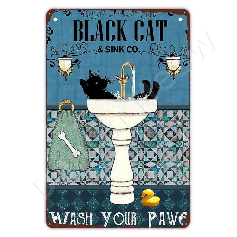 Funny Bathroom Quote Metal Tin Sign, Black Cat, Wash Your Paws, Poster for Home, Bathroom, Cafe, Wall Decor, Gift for Women
