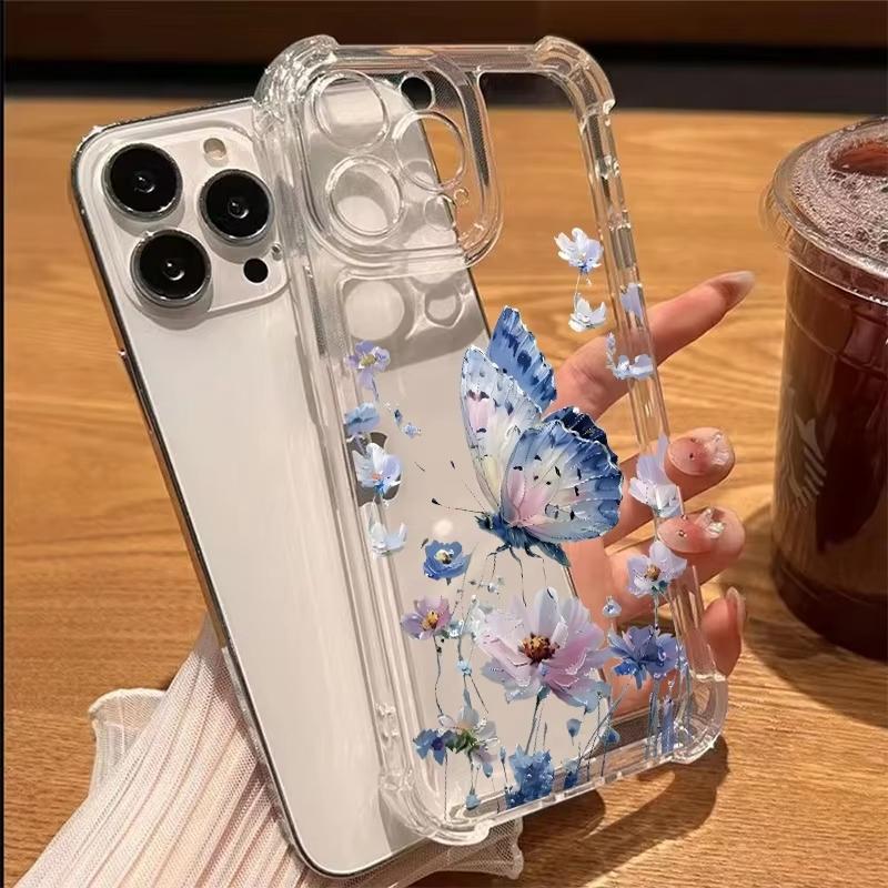 Blue And Pink Butterfly Flower Pattern Transparent Phone Case For iPhone 17 Air 16 15 14 13 12 11 Pro Max XS XR X 14 Plus Cover