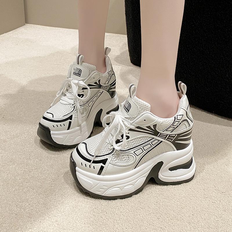 Fashion 10CM Heels Chunky Sneakers Spring Autumn ventilate Women Shoes Comfortable Casual Leather Shoes 2024 Fashion Female Casual Shoes