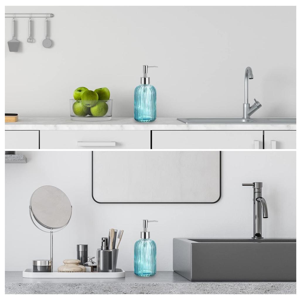 Uxcell Soap Dispenser Set Glass Dish Hand Soap Dispenser with Pump for Kitchen Toilet Silver Blue 400ml