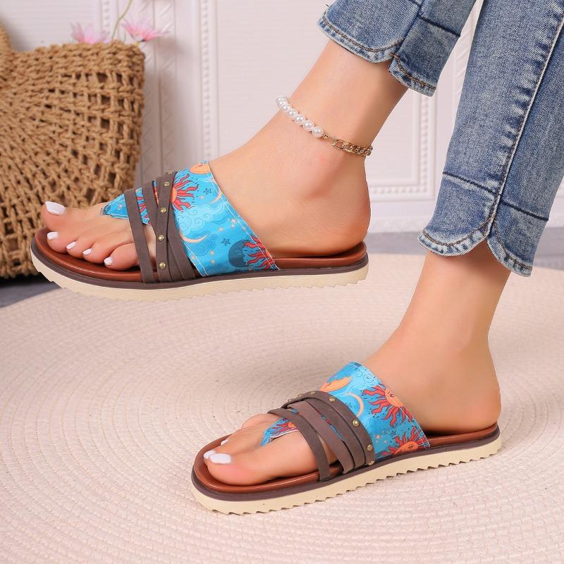 Mode 2024 Mode Zehensandalen Damen Schuhe Sommer Lässig Gemischte Farbe Astrologie-Print Hausschuhe
