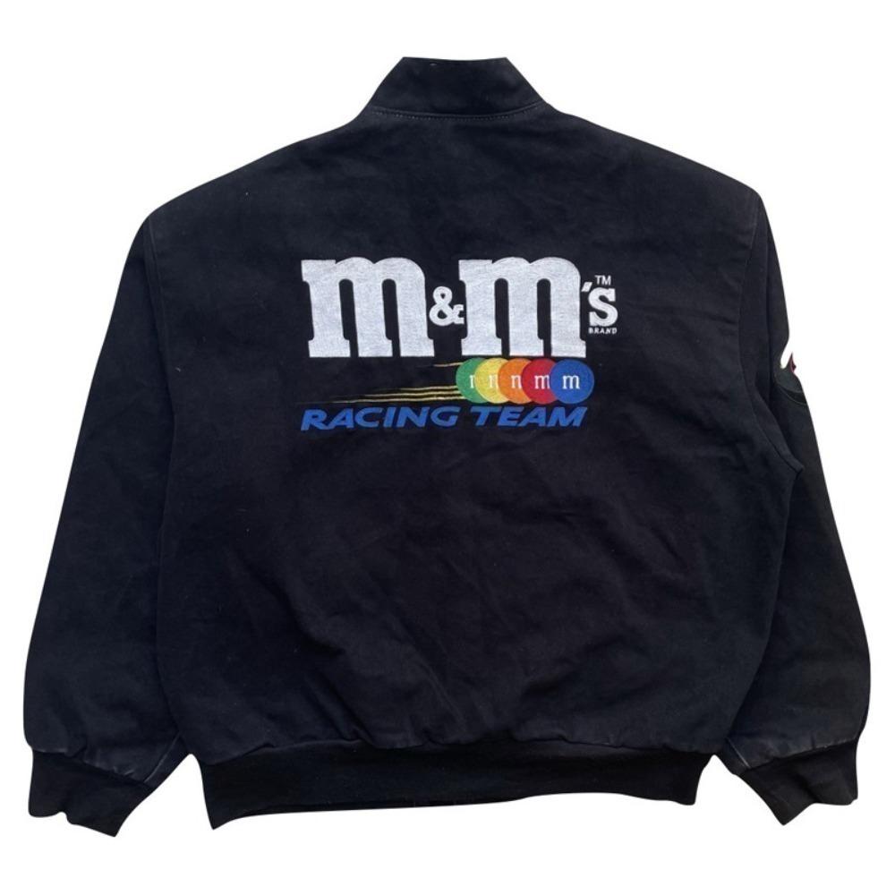 Women's Oversized Stand Collar M&M Cartoon Graphic Print Single Button Long Sleeve Racing Windbreaker Jacket Coat
