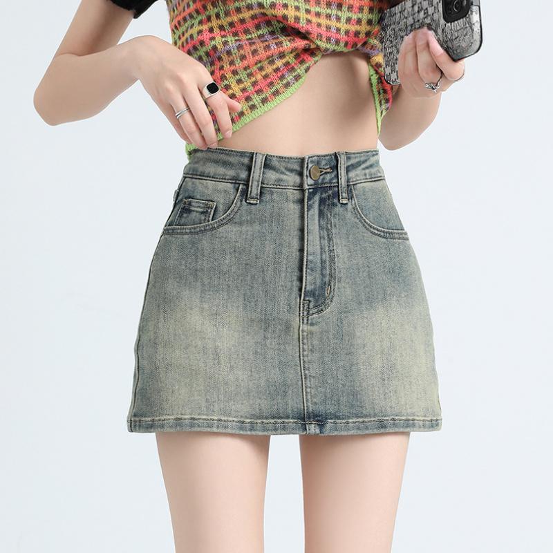 Fusta scurtă de denim retro Fusta scurtă de slăbire cu talie înaltă de vară pentru femei, Fusta înfășurată în șold cu linie A anti-orbire