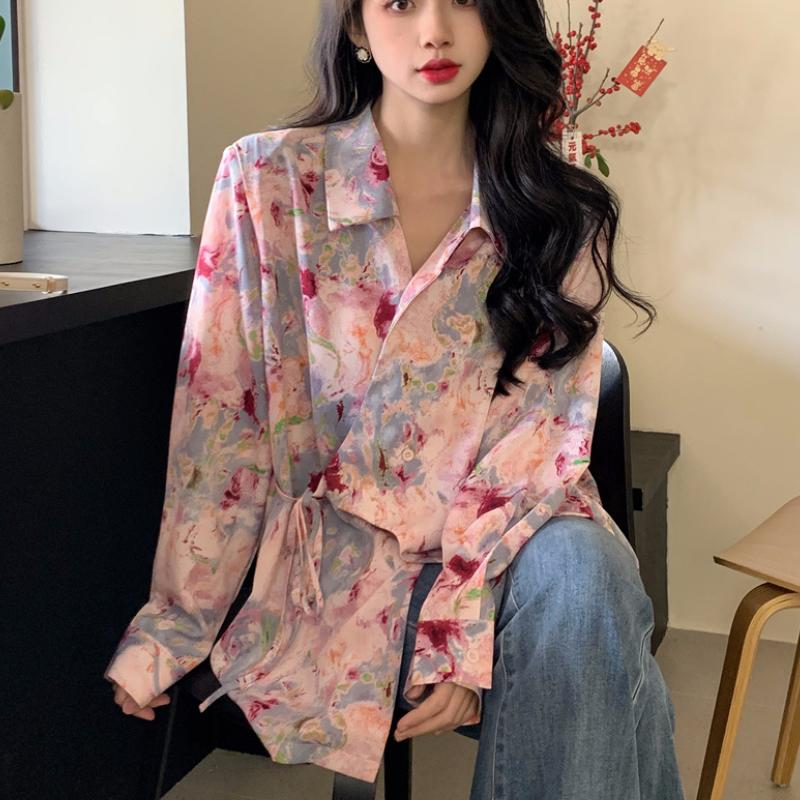 Retro Printed Long-sleeved Shirt for Women High-end Sense Loose Top Sweet Style Shirt