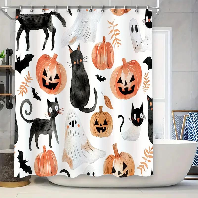 

Halloween-Themed Shower Curtain Featuring Black Cats, Pumpkins, Bats, Ghosts, And Spooky Designs For Bathroom Decor W60H190(CM)-1 Pcs