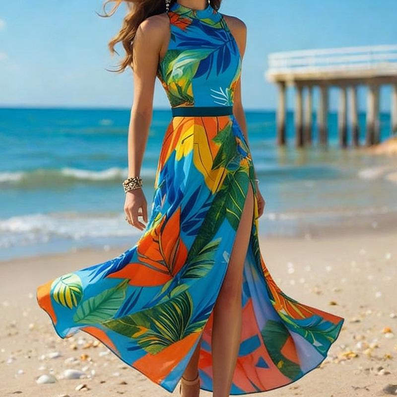 European and American summer halter sleeveless printed bohemian seaside vacation dress S