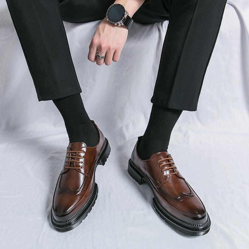 Leather Shoes Brock British Style Suit Thick Sole Heightening Black Casual Business Dress Wedding Groom Shoes