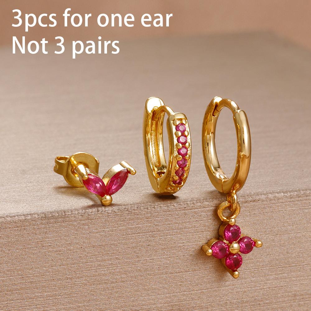 3PCS Rose Red Cubic Zircon Stainless Steel Hoop Earrings Set 18K Gold Plated Huggie Pendant Piercing Earring Women's Jewelry