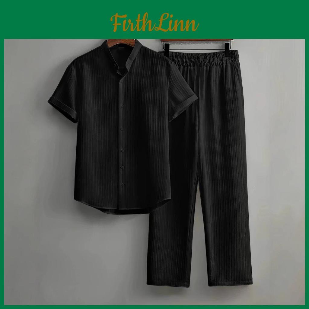Casual Mens Striped Button Textured Short Sleeved Shirt And Elastic Straight Leg Pants Set 2piece Set