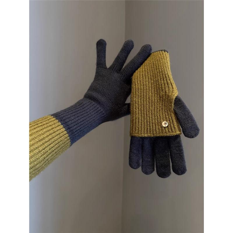 Maillard Winter Dual Use Color Blocked Knitted Wool Gloves for Women's Wool Fingerless Touch Screen Warm Cycling Students