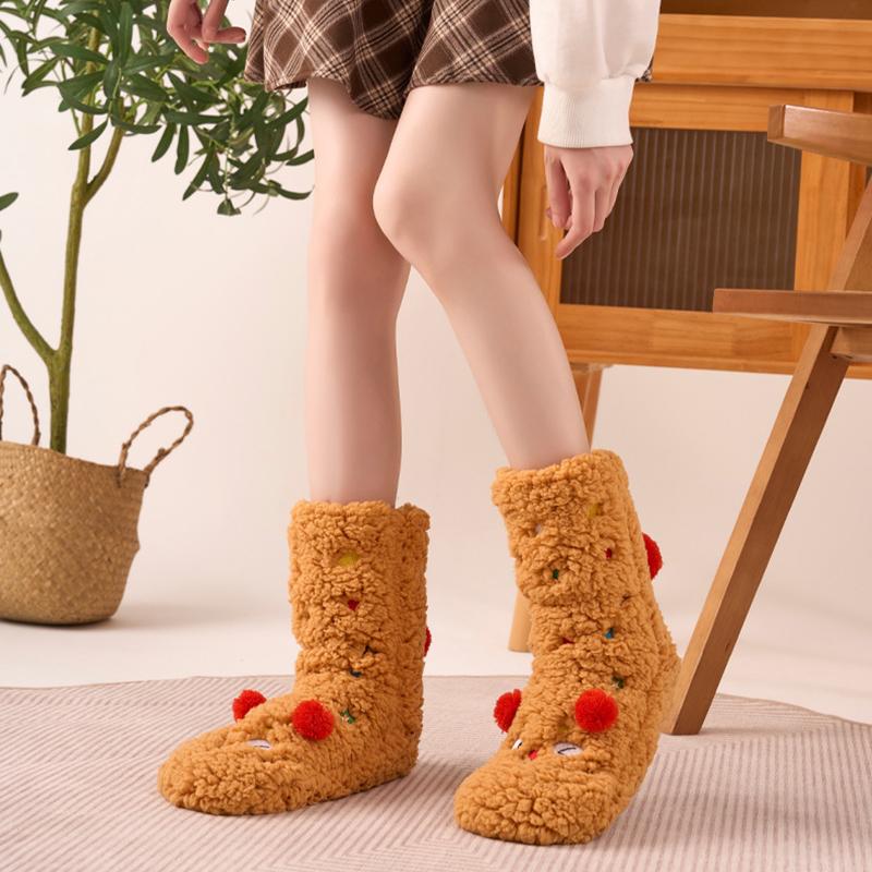 1 Pair Thigh-Long Sock Non-Slip Sherpa Material One Size Lounge Wear Funny Embroidery Design Thick Floor Socks Warmth Multi-Color