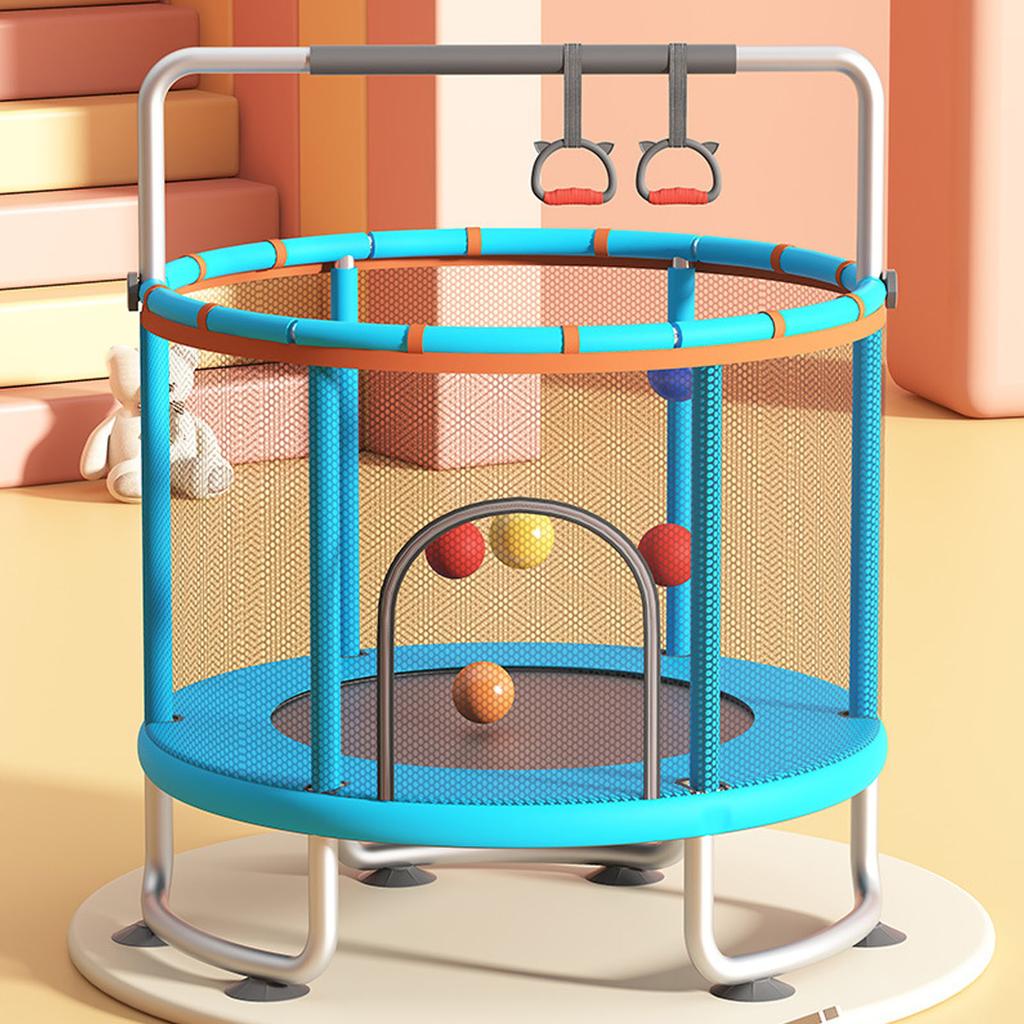 Kinder Trampolin Innen Außen Klein Fitness Trampolin Spielzeug mit Sicherheitsnetz Basketballkorb Gymnastikringe Schaukel für Jungen und Mädchen