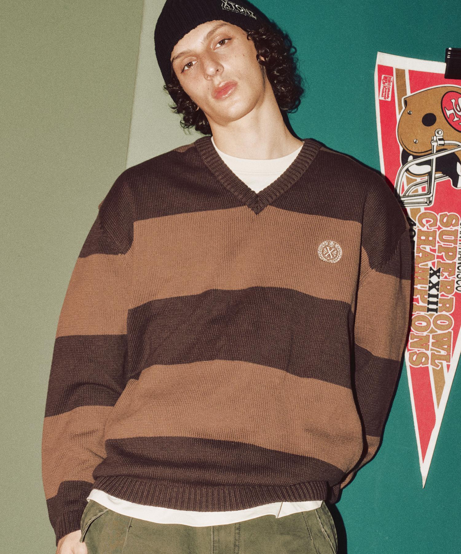 Xtonz Xtk170 Striped V-Neck Pullover Knit (Brown) Brown/M