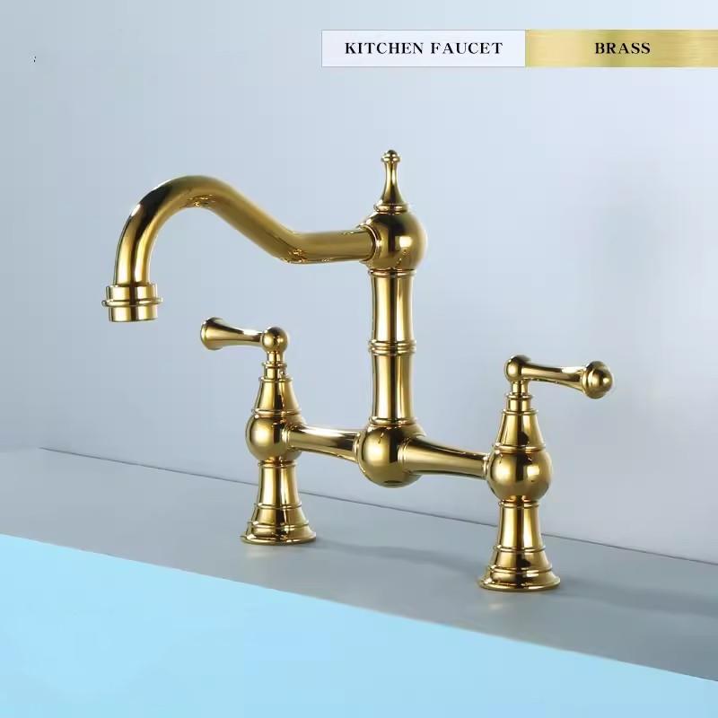 Grifo para Fregadero de Cocina Rotación Total Latón Sin Plomo Clásico Doble Palanca Mezclador para Fregadero de Cocina Dorado Cromado Estilo Americano