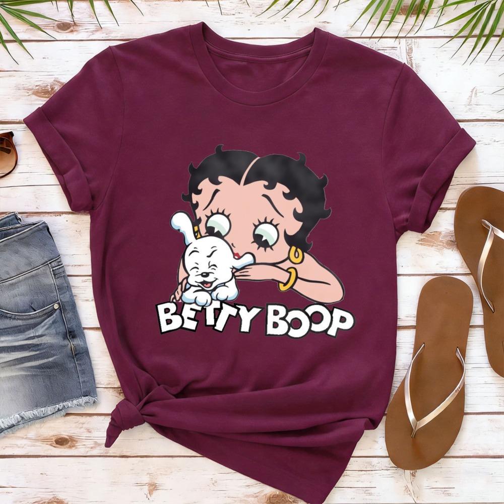 T-shirt Grafica Stile Cartone Animato Betty Boop Dolce Cuore Retrò Vintage Manica Corta da Donna Outfit Casual Quotidiano per Fan di Betty Boop