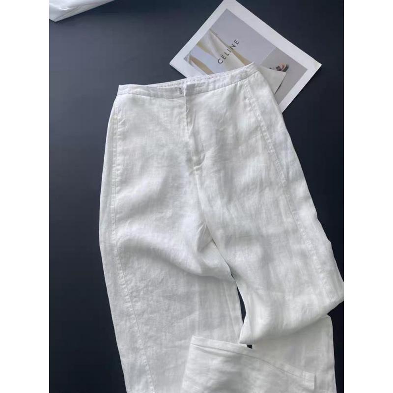 Elegant High-Waisted White Cotton Linen Wide-Leg Pants for Women - Summer 2026 Medium