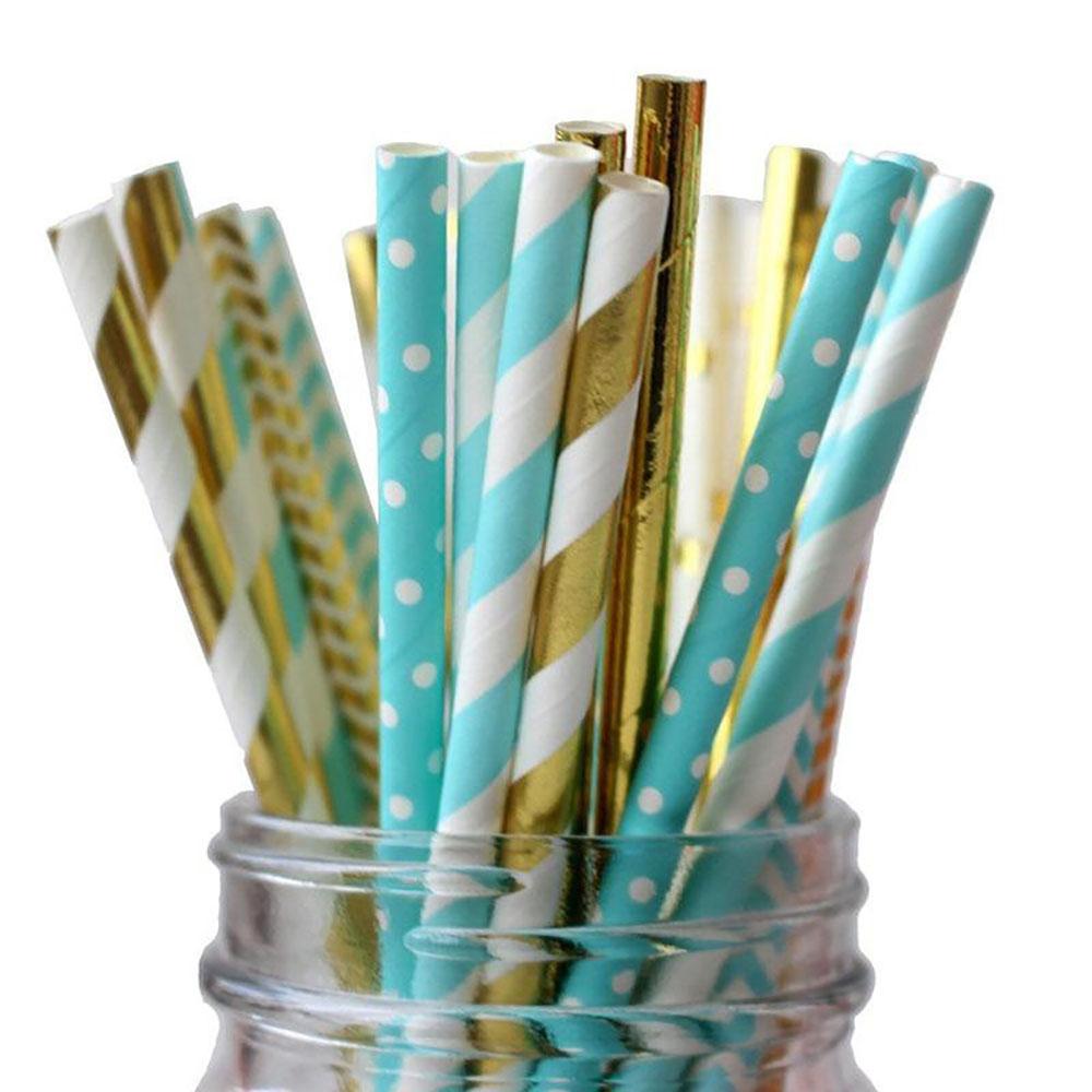 

25 шт./упак., разноцветные соломинки с одноразовыми бумажными соломками, пищевая разлагаемая посуда для вечеринки, дня рождения, свадьбы, торжества, поставки синий/золотой