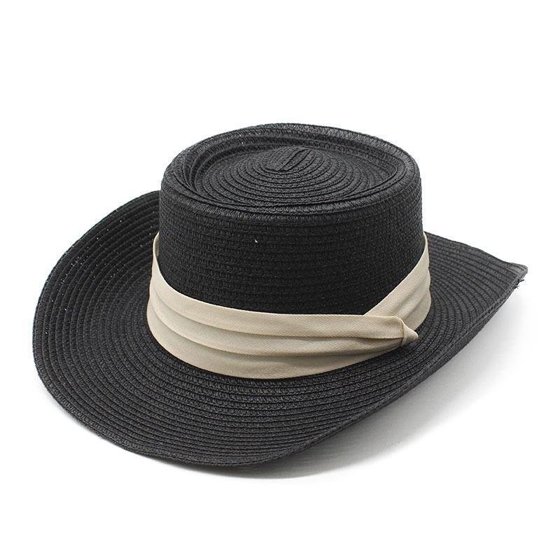 Sunscreen Summer Shade French Flat Top Straw Hat Black Belt Women'S Triple Fold With Seaside Beach Top Hat Sunscreen Woven