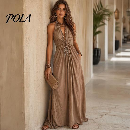 Rochie casual tip halteră plisată pentru femei, rochie maxi cu gât, decolteu adânc V, fără mâneci, fluidă, rochie de soare pentru vacanță la plajă, de vară, fluidă, cu buzunare, fustă lungă care subțiază