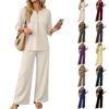 Women’s Casual Two Piece Outfit Seven Sleeve Button Top and Wide Leg Pants Set for Everyday Comfort and Relaxed Style