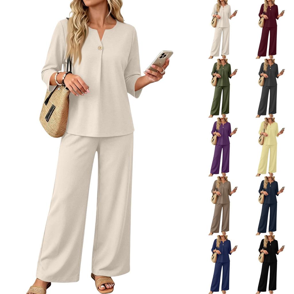 Women’s Casual Two Piece Outfit Button Down Three Quarter Sleeve Top and Wide Leg Long Pants Set for Daily Wear Office Travel
