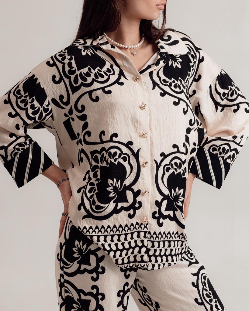 Damkostym sommar Samsara 3908 38 mjölkvit-svart (skjorta, byxor)