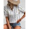 Plus Size Floral Print Lace Detail Blouse, Elegant V Neck Textured Short Sleeve Blouse For Spring & Summer, Women's Plus Size Clothing