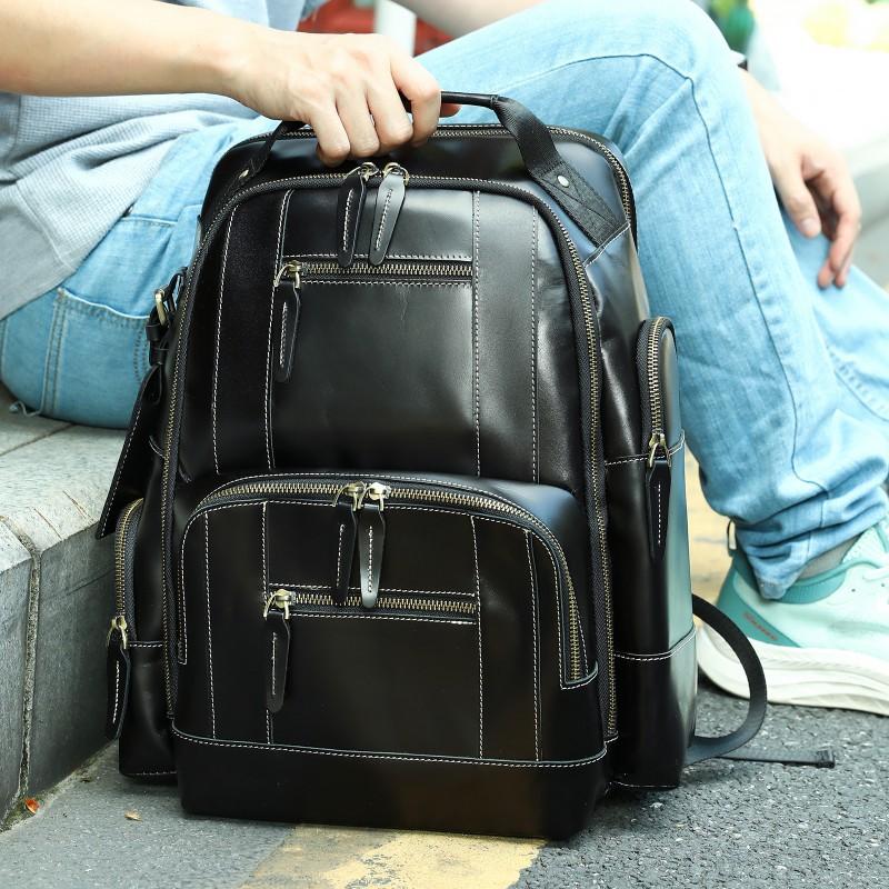 Crazy Horse Leather Men s 16 Inch Computer Bag Large Capacity Business Travel Backpack Portable Foldable Luggage чёрный