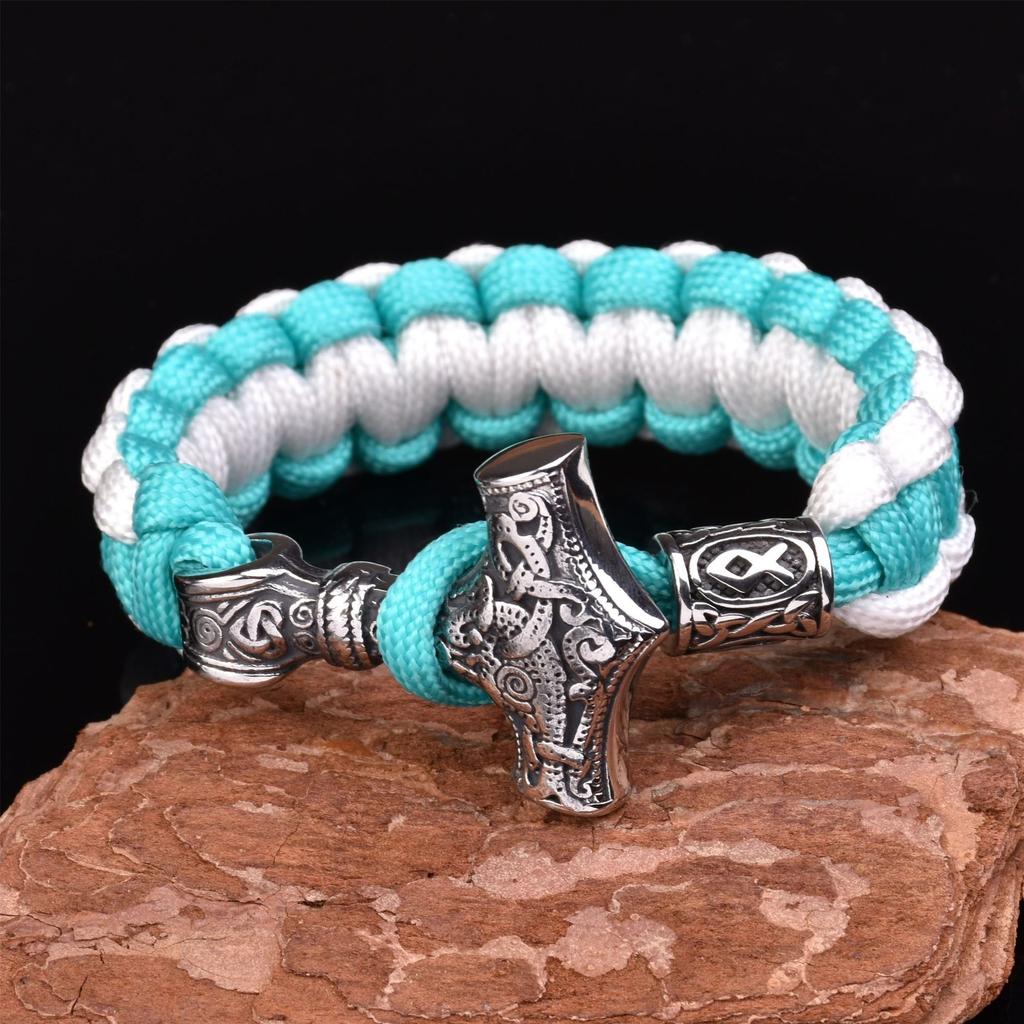 Men 'S Stainless Steel Viking Thor 'S Hammer Umbrella Rope Braided Bracelet Outdoor Sports Survival Bracelet 
