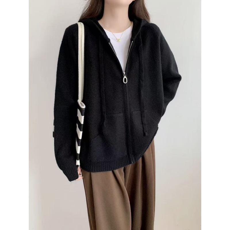 New Solid Color Lazy Wind Hooded Zipper Knitted Cardigan Casual Drawstring Sweater Thick Coat Women