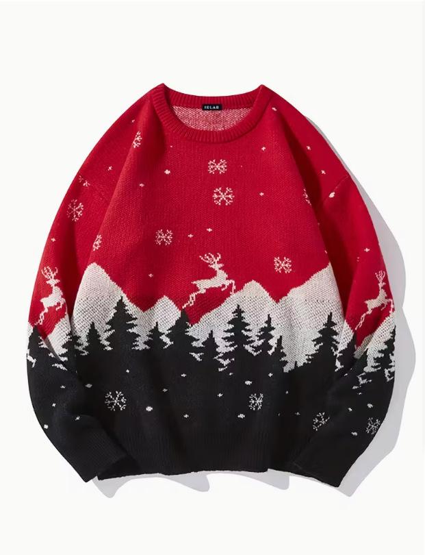 Autumn and Winter Christmas Wind Elk Snowflake 3D Printed Sweater Men's, Retro Loose Crew Neck Knitted Sweater Couple Top