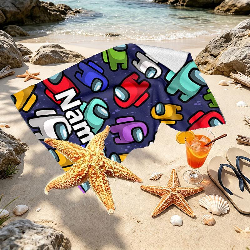 Custom Name Personalized Among Us Print Beach Towel, for Trip Camping Beach Party Home Decor, Birthday Gift for Family & Friends