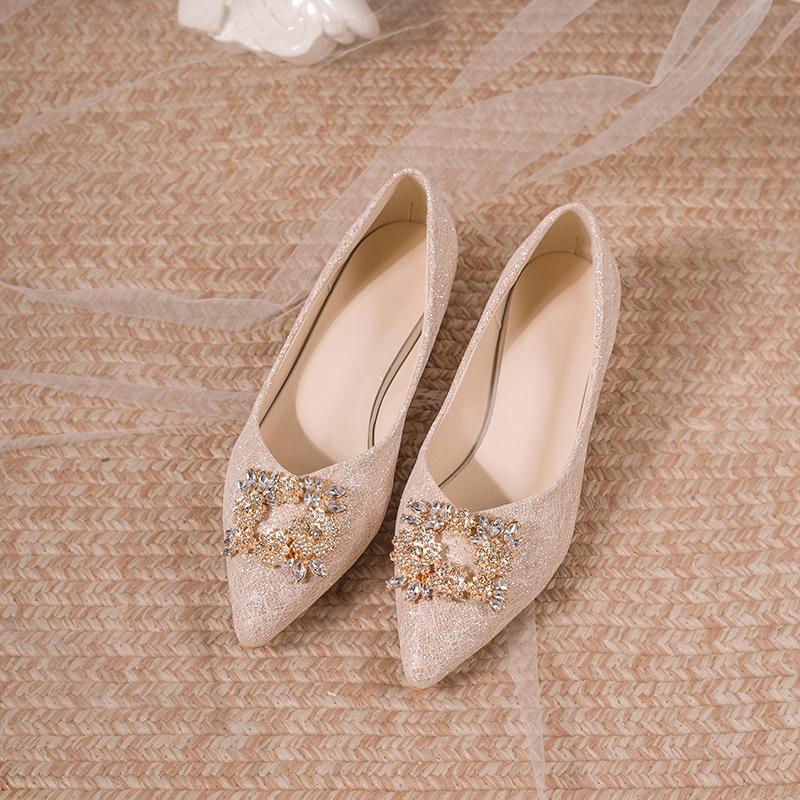 Fashion Crystal Square Button Block Heel Single Shoes Women's Pointed Toe Shallow Mouth Slip Non-Slip Low Heel Shoes
