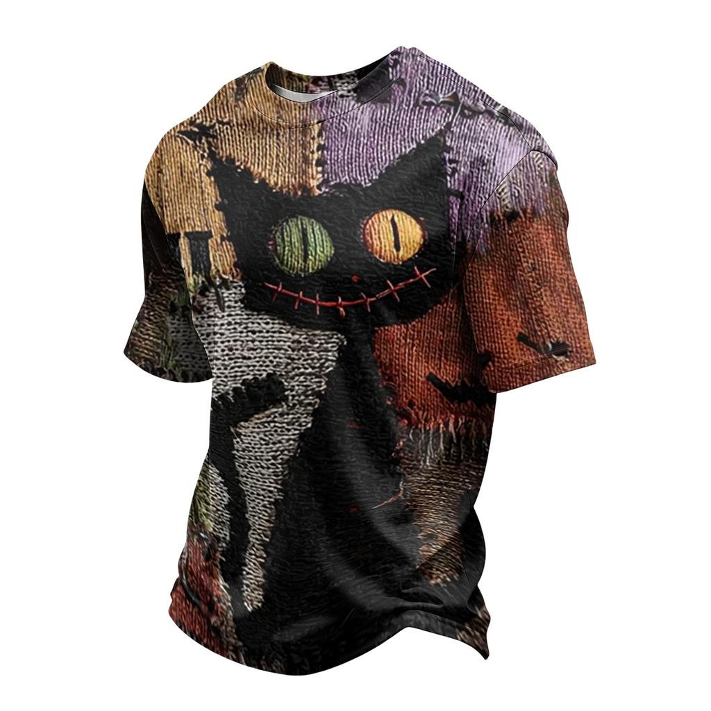 Men's Lightweight Crew Neck Quick Dry Mesh Breathable Short Sleeve Shirt with Halloween Pumpkin Print for Casual Wear