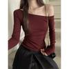 Spring Autumn Sloping Shoulders Sexy Fashion T-shirt Women Long Sleeve All-match Slim Tee Pullover Top
