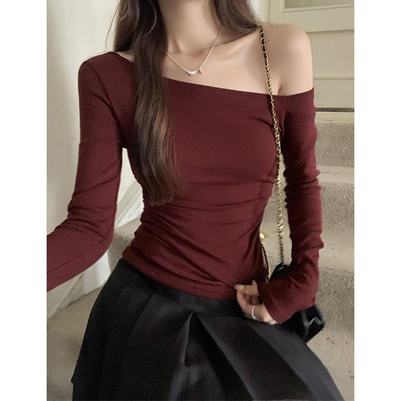 Spring Autumn Sloping Shoulders Sexy Fashion T-shirt Women Long Sleeve All-match Slim Tee Pullover Top
