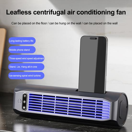Ventilador de Ar Condicionado Portátil com Suporte para Telefone Embutido, Ventilador Vertical Plano de Parede com 3 Modos, Carregamento USB, Dispositivo de Resfriamento Silencioso Sem Lâminas para