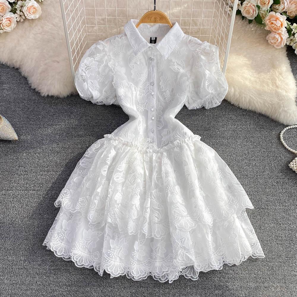 Summer Retro Embroidered Puff Sleeve A-line White Dress