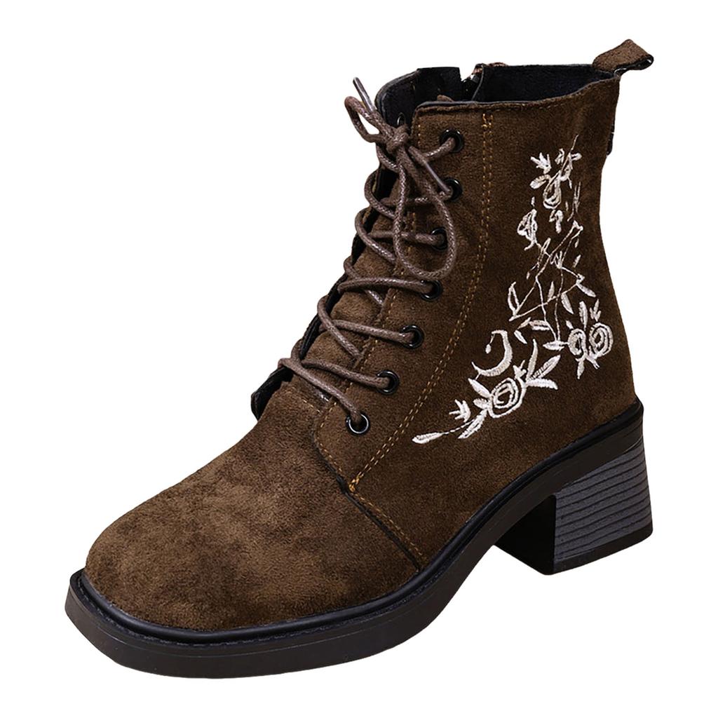Women's Casual Fashion Flower Embroidery Temperament Commuting Thick Soled Side Zipper Ankle Heeled Boots for Women Booties