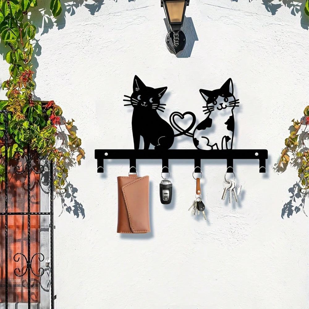 Double Cat Key Holder Wall Mount Metal Key Rack Heart Shape Black Storage Organizer for Hallway Entryway Corridor