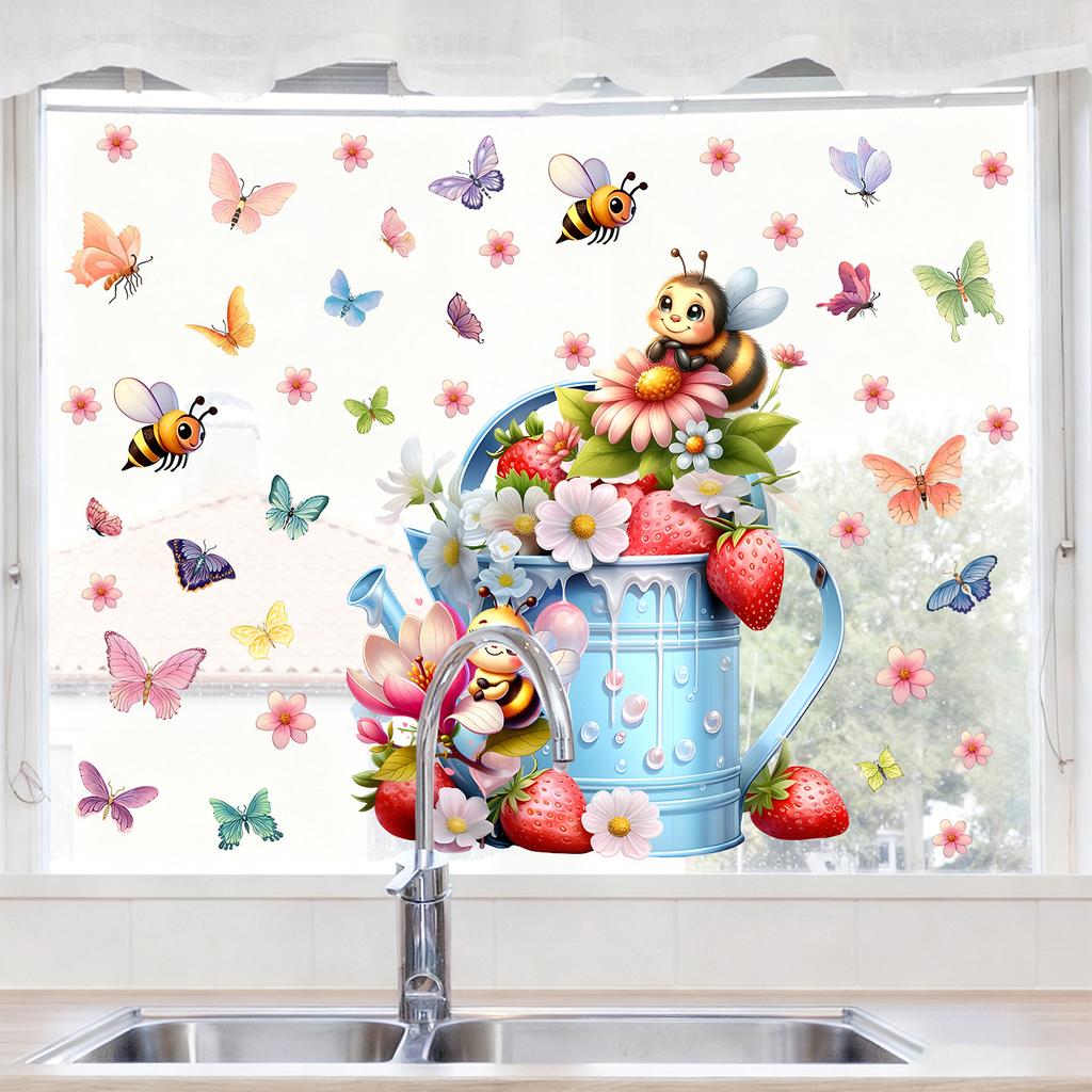Frühlingsgarten Blumig Statisch Haftend Fensteraufkleber Abnehmbar Wiederverwendbar für Schlafzimmer Wohnzimmer Balkon Glas Heimdeko Kunst