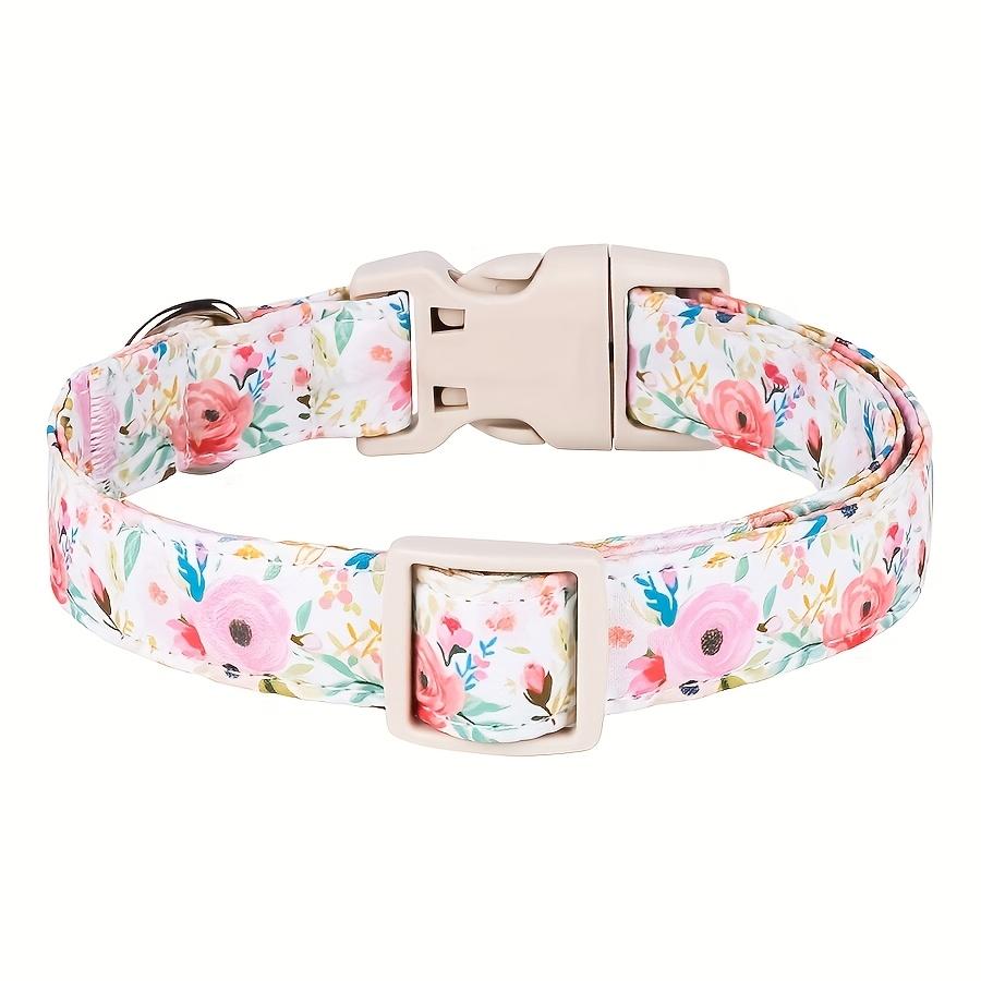 1Pc Adjustable Dog Collar, Fresh White Pink Floral Print, Durable Polyester Material