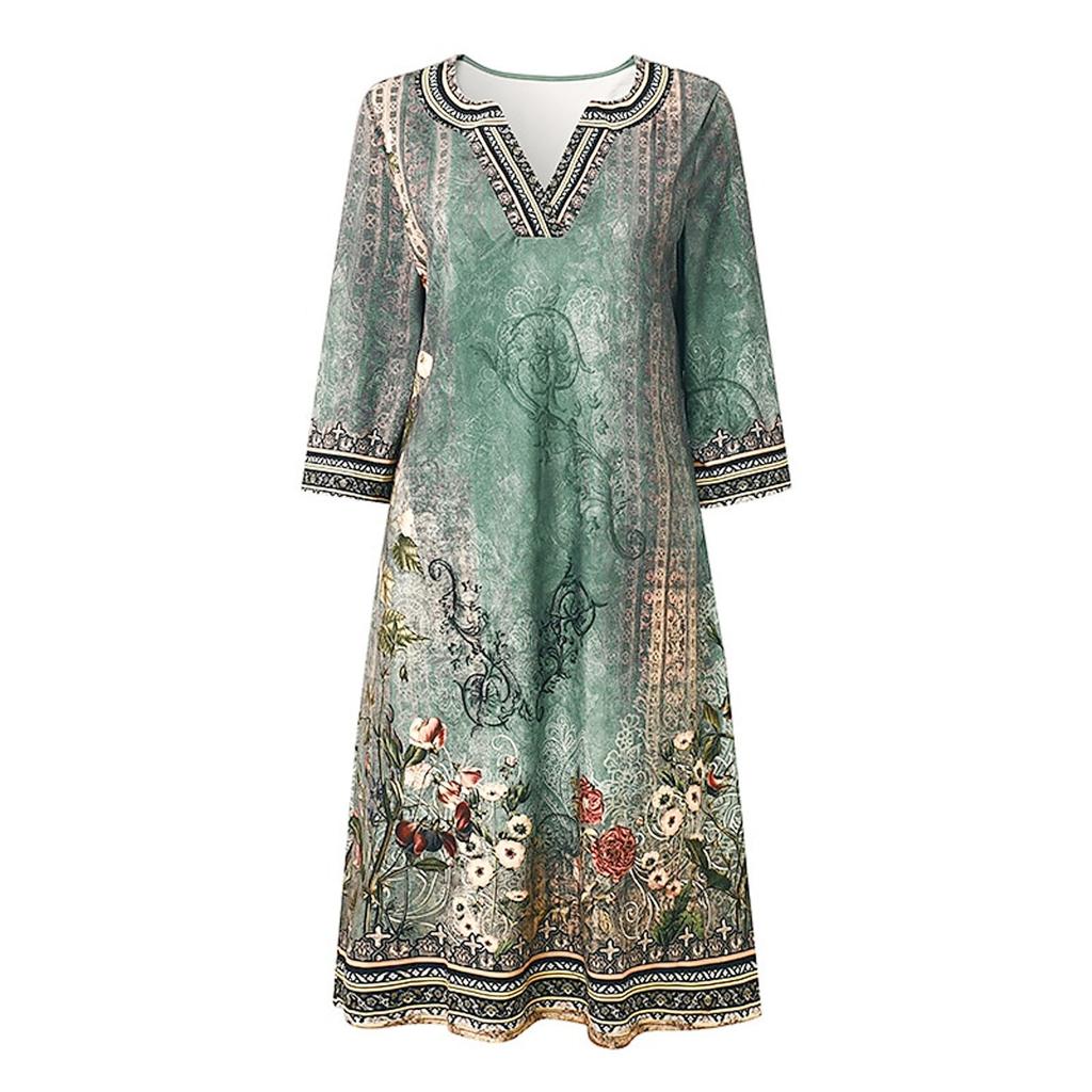 Kleider für Damen, Vintage-Druck, Tunika, tailliertes Midikleid, Sommer, lässiges Kleid mit halben Ärmeln