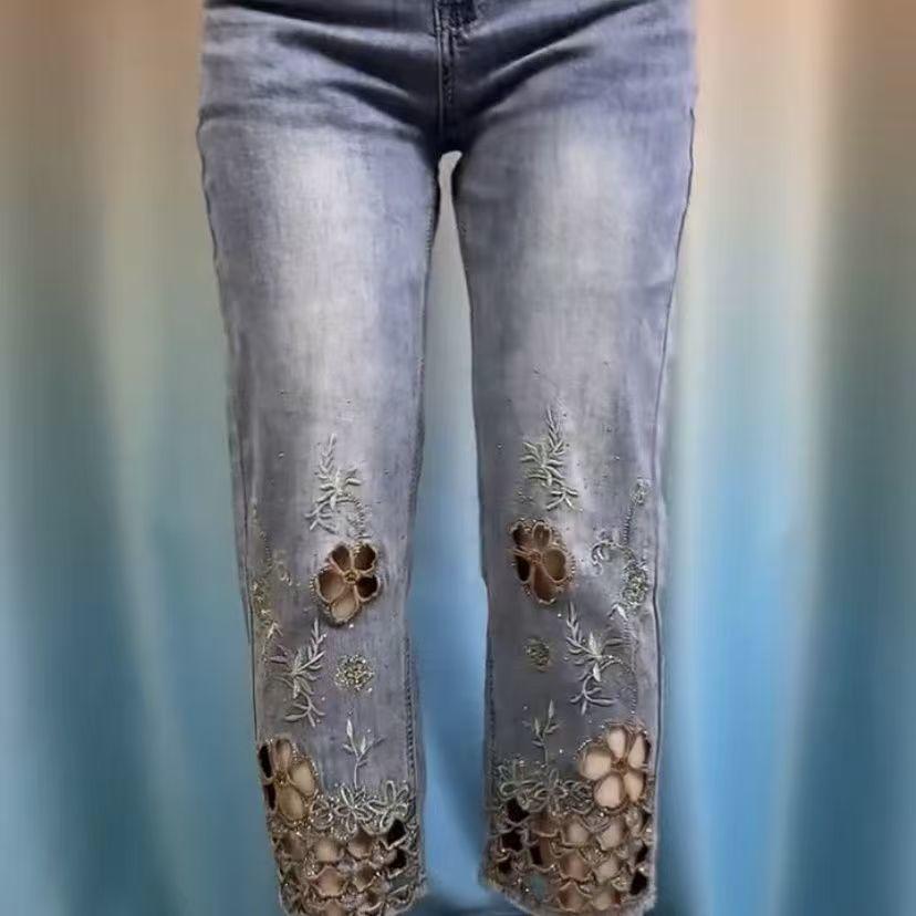 Dámské vysoce kvalitní vyšívané džínové kalhoty osmičkové trubice s výřezy, letní tenké, vysoký pas, stylové džínové trubkové kalhoty