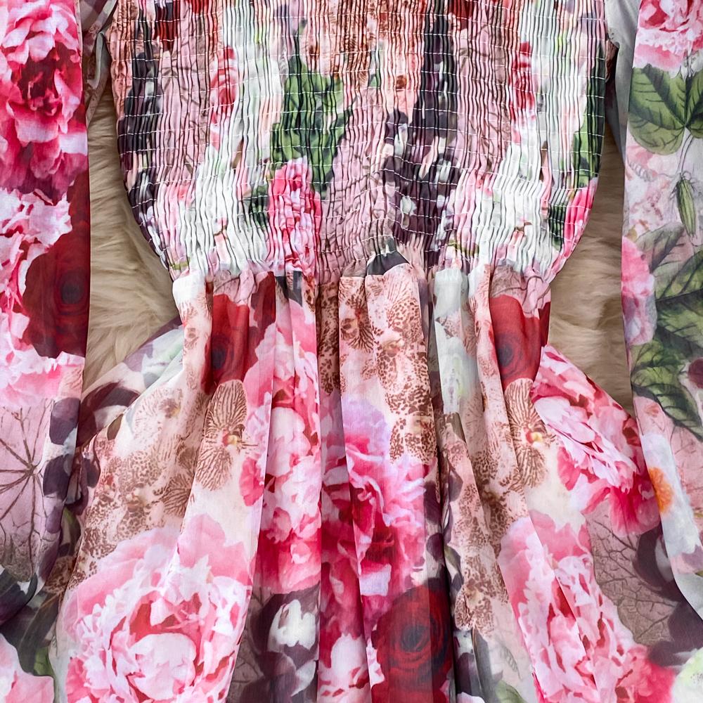 Tingfly Kobiety Moda Kwiatowy Nadruk Marszczony Elastyczny Szyfon Midi Długie Sukienki Pani Bohemska Zwiewna Codzienna Uliczna Sukienka Elbise Robes